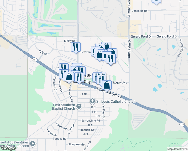 map of restaurants, bars, coffee shops, grocery stores, and more near 68700 Avenue Lalo Guerrero in Cathedral City