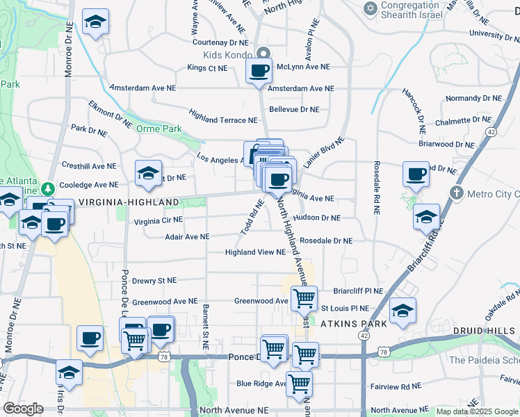 map of restaurants, bars, coffee shops, grocery stores, and more near 988 Rupley Drive Northeast in Atlanta