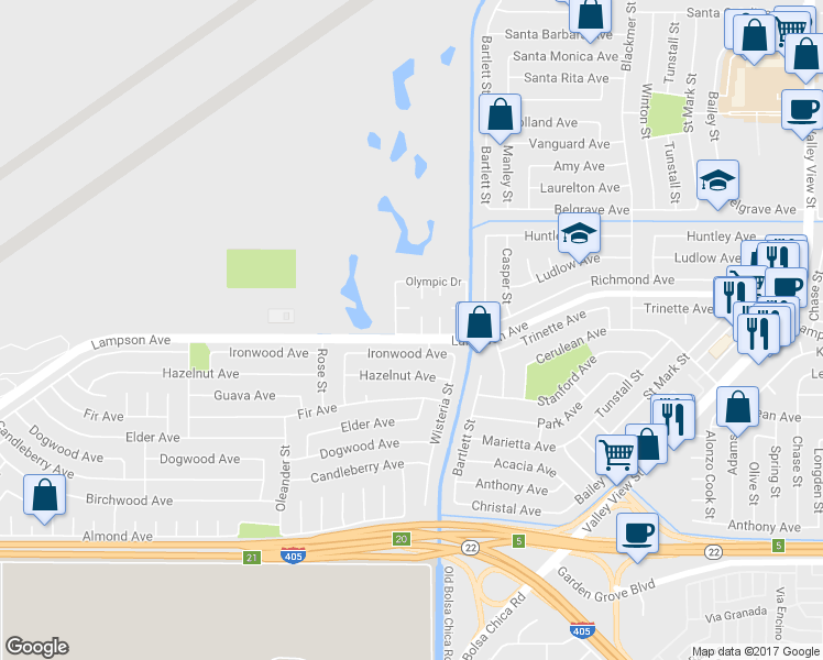 map of restaurants, bars, coffee shops, grocery stores, and more near 5041 Lampson Avenue in Los Alamitos