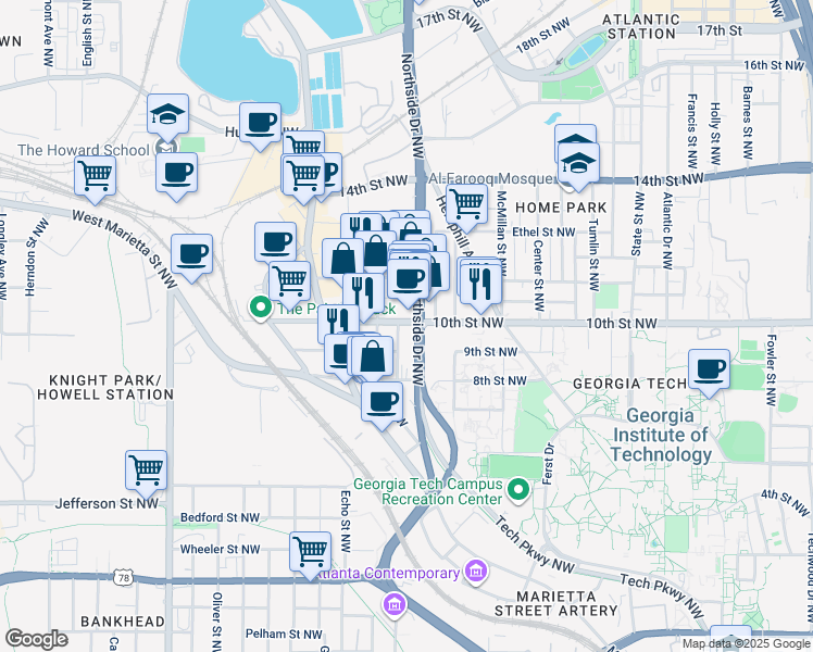 map of restaurants, bars, coffee shops, grocery stores, and more near 630 10th Street Northwest in Atlanta