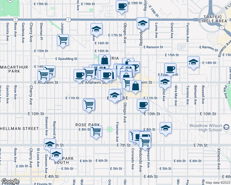 map of restaurants, bars, coffee shops, grocery stores, and more near 1133 Freeman Avenue in Long Beach