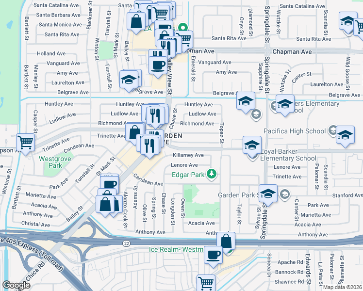 map of restaurants, bars, coffee shops, grocery stores, and more near 6062 Pickett Avenue in Garden Grove