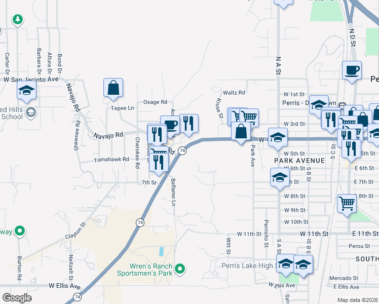 map of restaurants, bars, coffee shops, grocery stores, and more near California 74 in Perris