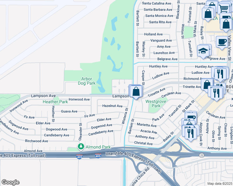 map of restaurants, bars, coffee shops, grocery stores, and more near 5041 Lampson Avenue in Los Alamitos