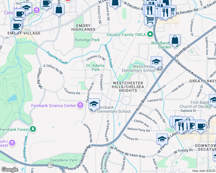 map of restaurants, bars, coffee shops, grocery stores, and more near 243 Woodview Drive in Decatur