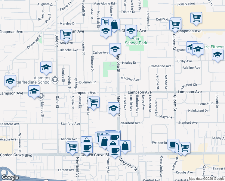map of restaurants, bars, coffee shops, grocery stores, and more near 8895 Sequoia Court in Garden Grove