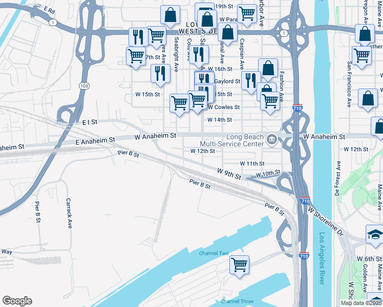 map of restaurants, bars, coffee shops, grocery stores, and more near 1738 W 12th St in Long Beach