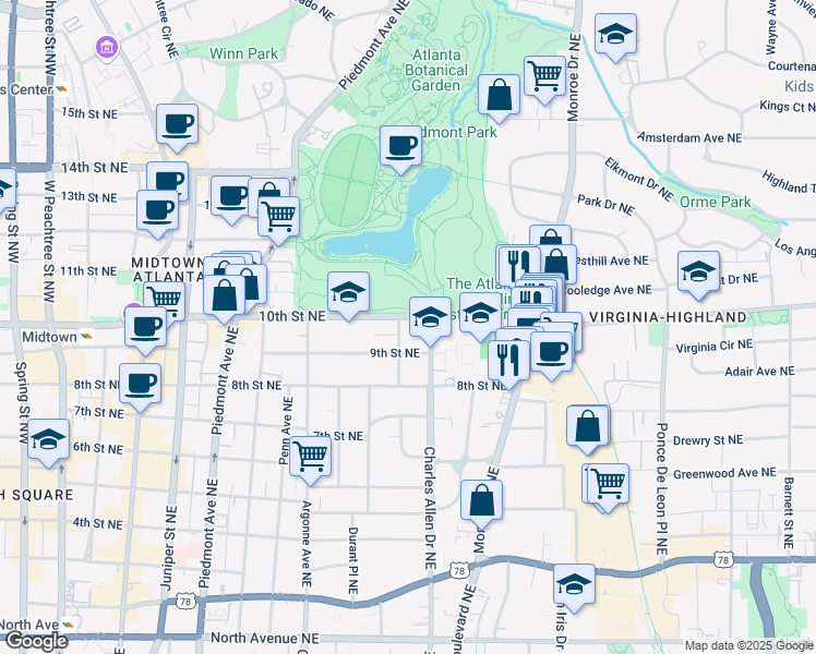 map of restaurants, bars, coffee shops, grocery stores, and more near 417 10th Street Northeast in Atlanta