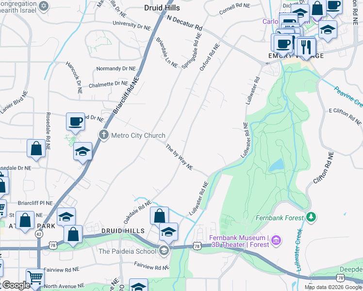 map of restaurants, bars, coffee shops, grocery stores, and more near 982 Oakdale Road Northeast in Atlanta