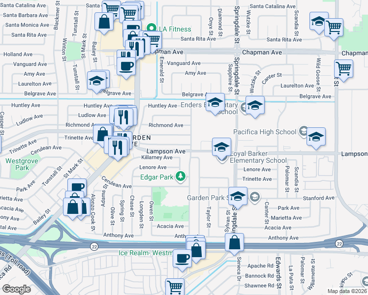map of restaurants, bars, coffee shops, grocery stores, and more near 6222 Pickett Avenue in Garden Grove