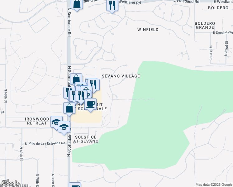 map of restaurants, bars, coffee shops, grocery stores, and more near 7532 East Camino Puesta Del Sol in Scottsdale