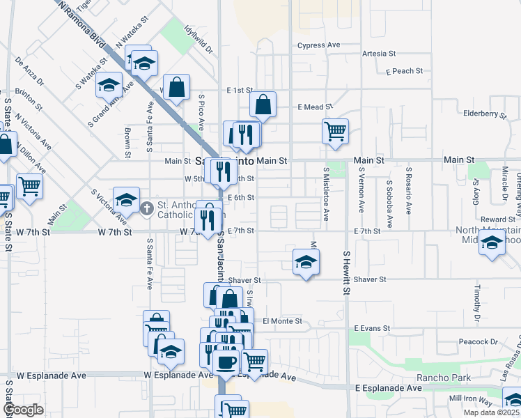 map of restaurants, bars, coffee shops, grocery stores, and more near 633 South Jordan Avenue in San Jacinto