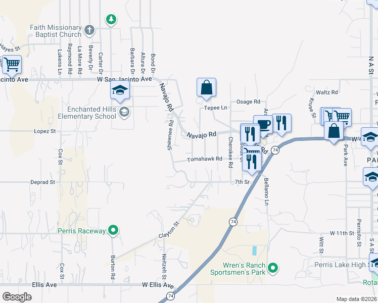 map of restaurants, bars, coffee shops, grocery stores, and more near 550 Iroquois Road in Perris