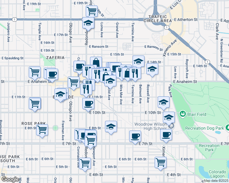 map of restaurants, bars, coffee shops, grocery stores, and more near 3787 East 11th Street in Long Beach