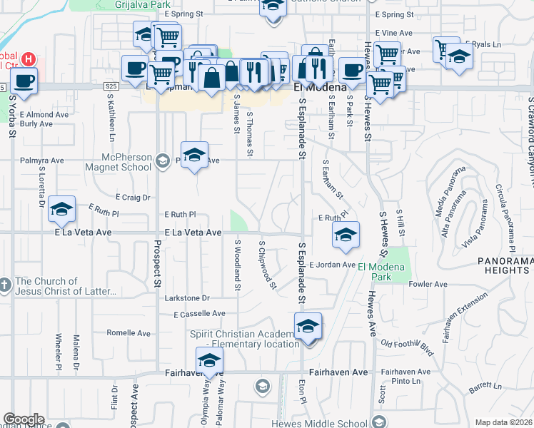 map of restaurants, bars, coffee shops, grocery stores, and more near 450 South Estate Drive in Orange