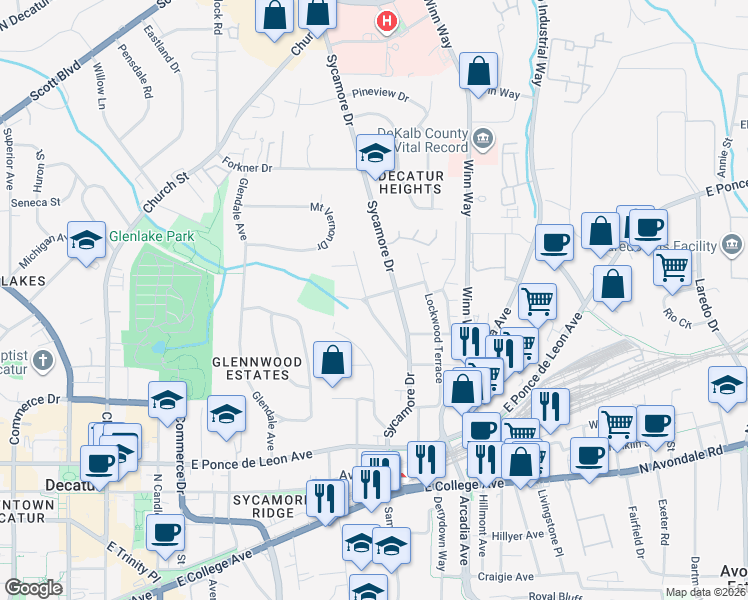 map of restaurants, bars, coffee shops, grocery stores, and more near 181 Ridgeland Avenue in Decatur