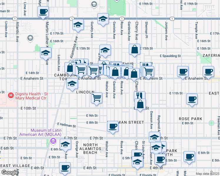 map of restaurants, bars, coffee shops, grocery stores, and more near 1184 Walnut Avenue in Long Beach