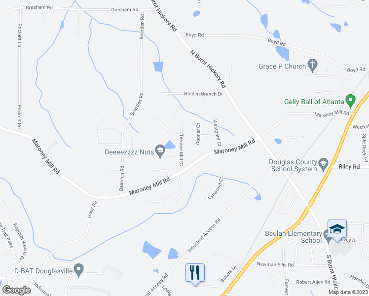 map of restaurants, bars, coffee shops, grocery stores, and more near 900 Terrace Mill Drive in Douglasville