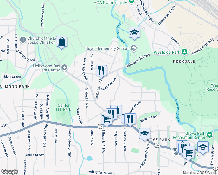 map of restaurants, bars, coffee shops, grocery stores, and more near 987 Sims Avenue Northwest in Atlanta
