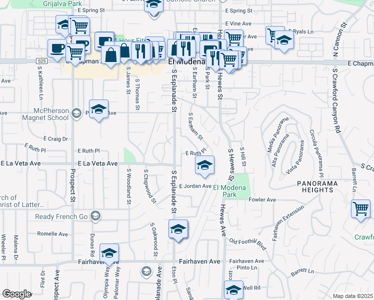 map of restaurants, bars, coffee shops, grocery stores, and more near 4221 East Ruth Place in Orange