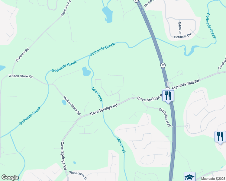 map of restaurants, bars, coffee shops, grocery stores, and more near 7266 Chantilly Court in Douglasville