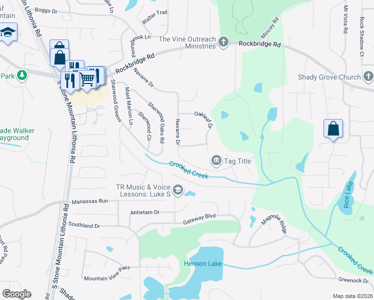 map of restaurants, bars, coffee shops, grocery stores, and more near 5801 Oakleaf Way in Stone Mountain