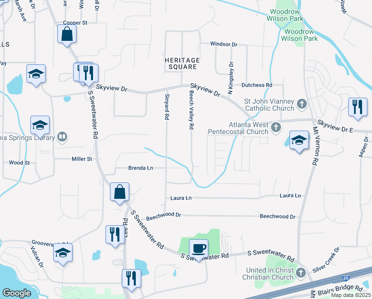 map of restaurants, bars, coffee shops, grocery stores, and more near 872 Beech Valley Road in Lithia Springs