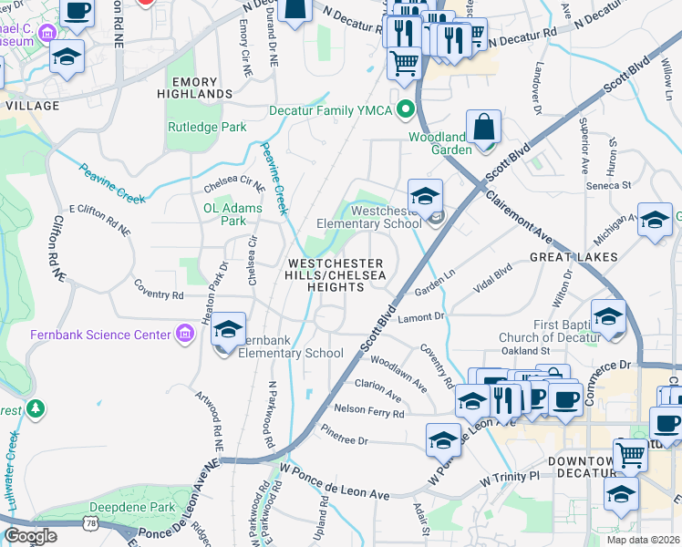 map of restaurants, bars, coffee shops, grocery stores, and more near 236 Chelsea Drive in Decatur