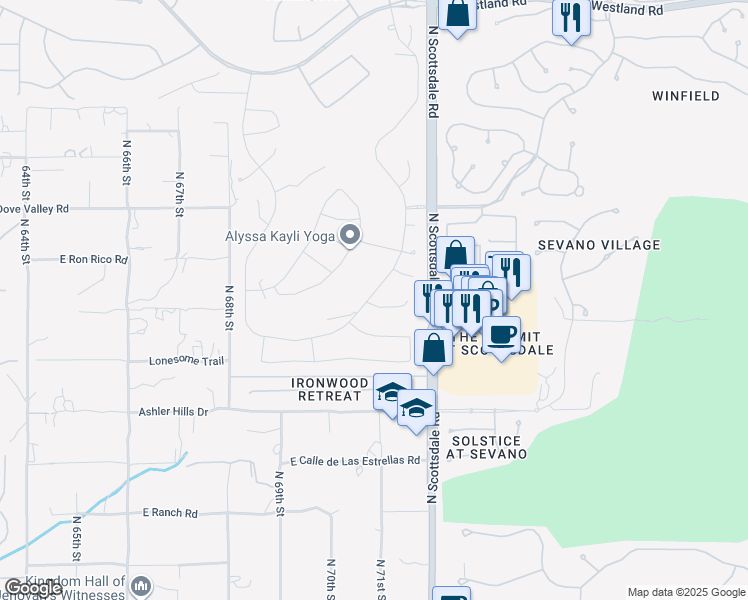 map of restaurants, bars, coffee shops, grocery stores, and more near 7114 East Aloe Vera Drive in Scottsdale