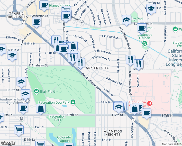 map of restaurants, bars, coffee shops, grocery stores, and more near 5351 East La Pasada Street in Long Beach