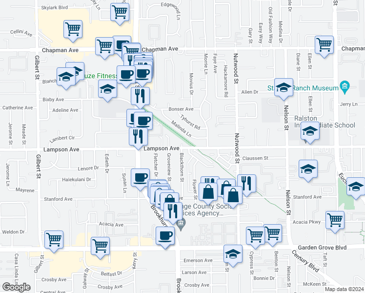 map of restaurants, bars, coffee shops, grocery stores, and more near 10211 Lampson Avenue in Garden Grove