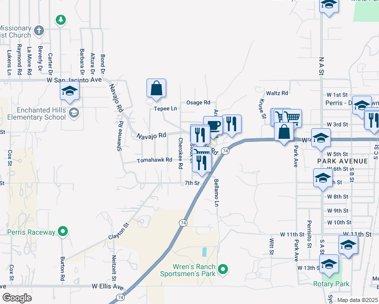 map of restaurants, bars, coffee shops, grocery stores, and more near 550 Sioux Drive in Perris
