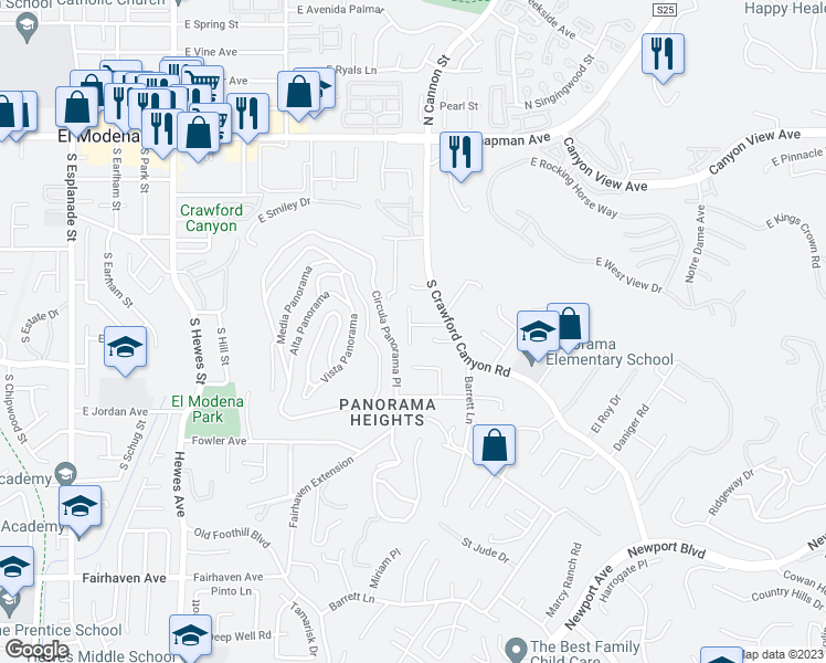 map of restaurants, bars, coffee shops, grocery stores, and more near 10389 Cresthaven Lane in Santa Ana