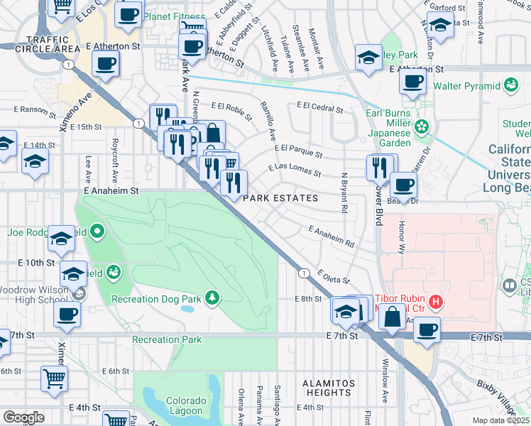 map of restaurants, bars, coffee shops, grocery stores, and more near 5351 East La Pasada Street in Long Beach