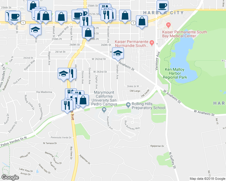 map of restaurants, bars, coffee shops, grocery stores, and more near 26430 President Avenue in Los Angeles