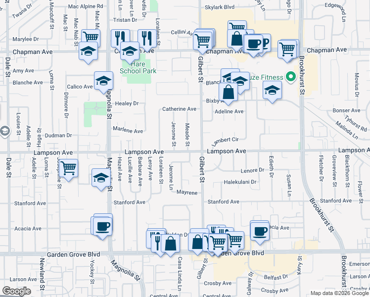 map of restaurants, bars, coffee shops, grocery stores, and more near 12461 Meade Street in Garden Grove