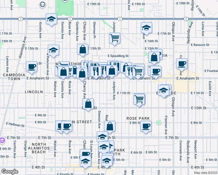 map of restaurants, bars, coffee shops, grocery stores, and more near 1130 Raymond Avenue in Long Beach