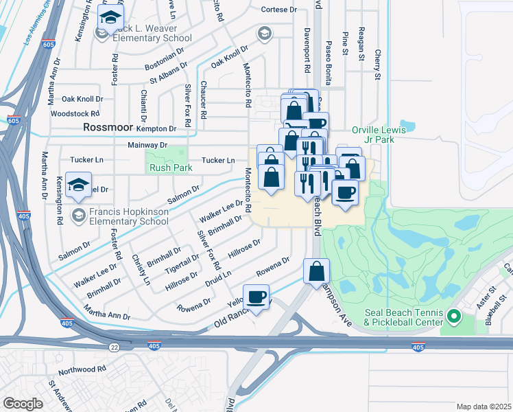 map of restaurants, bars, coffee shops, grocery stores, and more near 12558 Montecito Road in Seal Beach