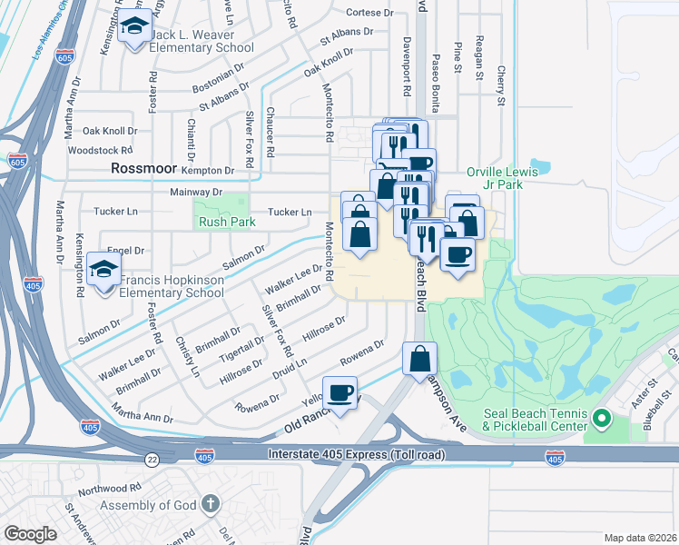 map of restaurants, bars, coffee shops, grocery stores, and more near 12562 Montecito Road in Seal Beach
