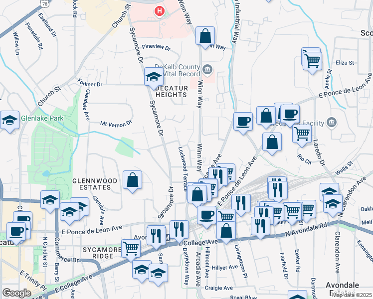 map of restaurants, bars, coffee shops, grocery stores, and more near 304 Sycamore Ridge Dr in Decatur