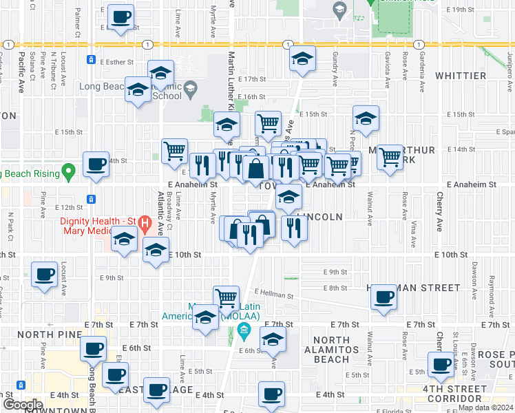 map of restaurants, bars, coffee shops, grocery stores, and more near 1128 East 12th Street in Long Beach