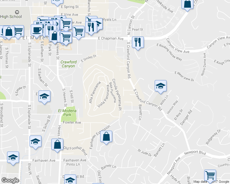 map of restaurants, bars, coffee shops, grocery stores, and more near 12531 Circula Panorama Place in Santa Ana