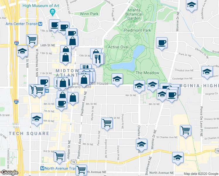 map of restaurants, bars, coffee shops, grocery stores, and more near 309 10th Street Northeast in Atlanta