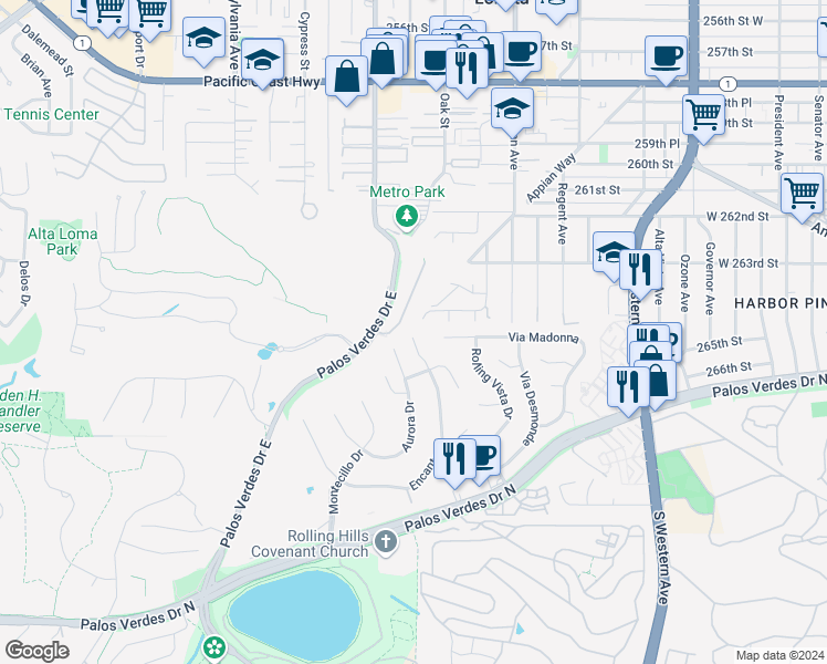 map of restaurants, bars, coffee shops, grocery stores, and more near 55 Encanto Drive in Rolling Hills Estates