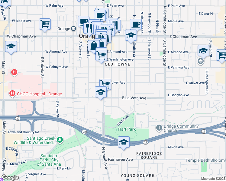 map of restaurants, bars, coffee shops, grocery stores, and more near 453 South Orange Street in Orange