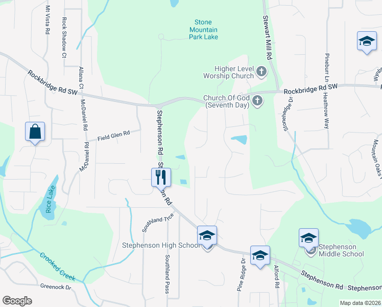map of restaurants, bars, coffee shops, grocery stores, and more near 568 Lynn Valley Way in Stone Mountain
