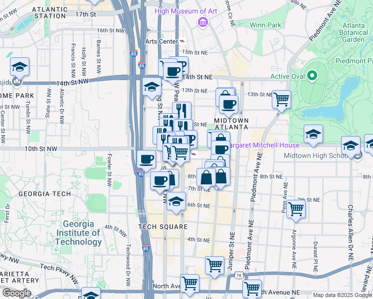 map of restaurants, bars, coffee shops, grocery stores, and more near 20 10th Street Northeast in Atlanta