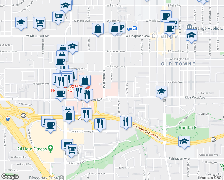 map of restaurants, bars, coffee shops, grocery stores, and more near 805 West La Veta Avenue in Orange