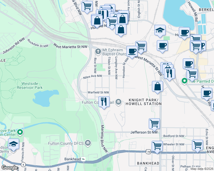 map of restaurants, bars, coffee shops, grocery stores, and more near 974 Tilden Street Northwest in Atlanta