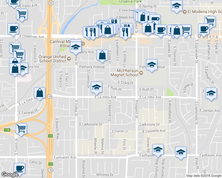 map of restaurants, bars, coffee shops, grocery stores, and more near 447 South Laurinda Lane in Orange